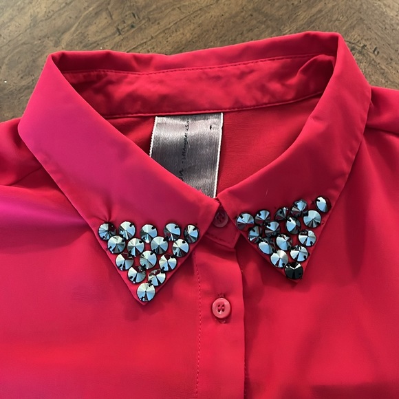 Sheer Red Blouse with Beaded Collar Sz XL - Picture 3 of 8